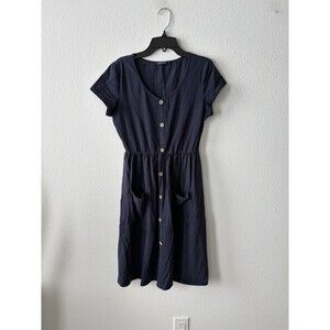 Ouges Women’s Navy Blue Short Sleeve V-Neck Midi Dress Button & Pocket Accents M